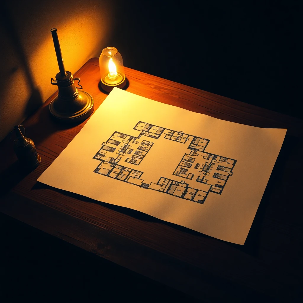 A single sheet of paper on a worn wooden desk in lamplight at night, holding an architectural floor plan inked in steady black lines — many small identical rooms around a central courtyard, each with its own small hearth. A single oil lamp casts warm amber light from one corner. Ink-wash style, deep navy and warm amber, minimal, quiet.