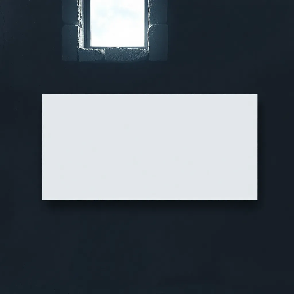 A pale rectangle on a dark stone wall where a painting once hung, moonlight through a single high window