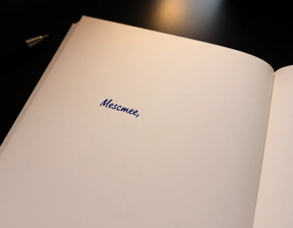 A single inked word on pale textured paper followed by a careful measured space, both on a dark desk in warm lamplight, the rest of the page holding still