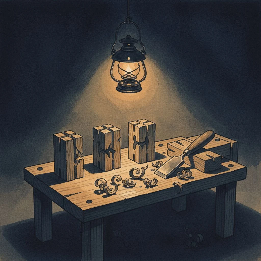 A small wooden workbench at night under a single warm oil lamp. Laid out in a row on the bench: three rough wooden joints, each one cut slightly wrong, none of them fitting flush — visibly mismatched tenons. A fourth piece is half-shaped under a chisel beside them. Fine wood shavings scattered around. No figure present, no hands. Ink-wash painting style, deep navy ground and warm amber lamplight, minimal, quiet, contemplative, slight grain, the failed pieces honest and unadorned.